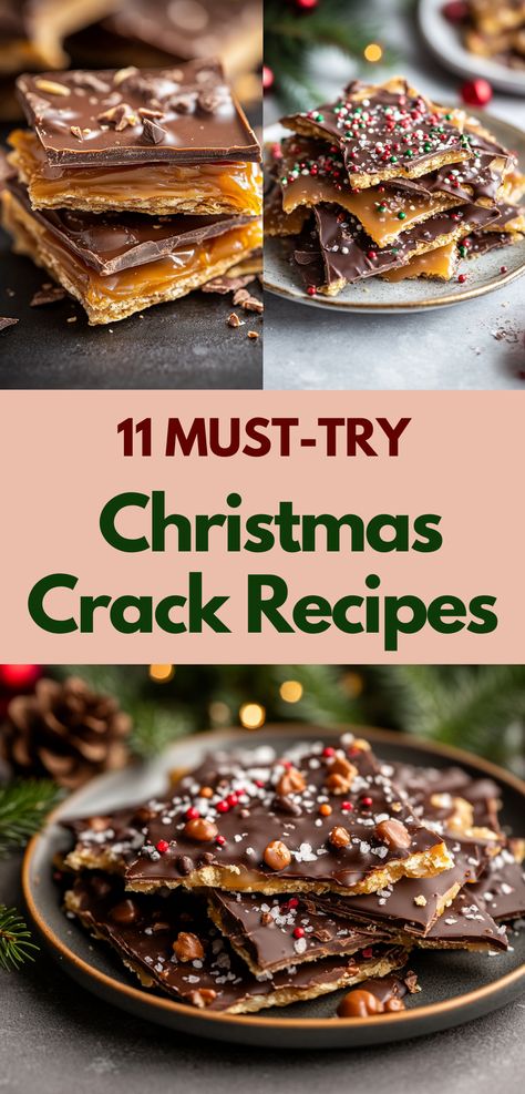 A festive plate of Christmas Crack topped with chocolate and caramel, perfect for easy holiday snacking. Tree Bark Recipe, Christmas Bark Recipes Saltines, Christmas Bark Recipes Graham Crackers, Christmas Brittle Bark, Christmas Brittle Recipes, Christmas Almond Bark Recipes, Best Bark Recipes, How To Make Christmas Bark, How To Make Bark Candy