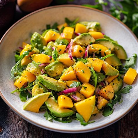 Fresh and vibrant avocado mango salad | Avocado Mango Salad Recipes, Avocado Mango Salad, Thai Mango, Chicken Zucchini, Mediterranean Chicken, Summer Meals, Refreshing Food, Mango Salad, Lime Dressing