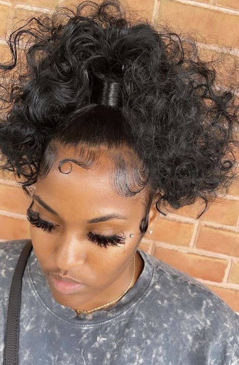 Curly Weave Bun Hairstyles, High Top Ponytail Weave, Curly Updo Ponytail Black Women, Baddie High Ponytail, Pom Pom Ponytail Black Women Weave, Organique Water Curl Ponytail, Cute Ponytails Black Women, Curly Pontail Hairstyles For Black Women, Barbie Ponytail Curly Hair