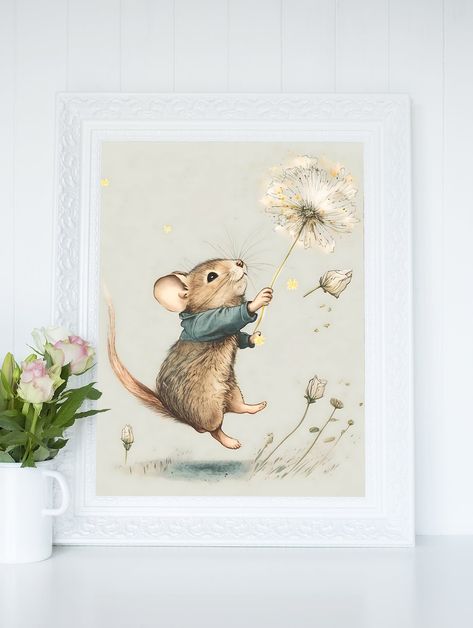 Mouse Fly, Dandelion Wall Art, Dandelion Seed, Woodland Nursery Decor, Nursery Art Prints, Paper Poster, Printable Decor, Mail Art, Botanical Art