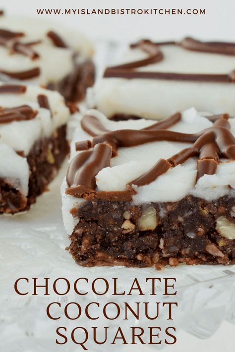 Unbaked Chocolate Coconut Square - My Island Bistro Kitchen Dainty Tray Ideas, Dessert Square Recipes, Easy Squares Recipe, Christmas Bars And Squares, Easy Squares, Almond Squares, Ella Vegan, Coconut Squares, Dessert Squares