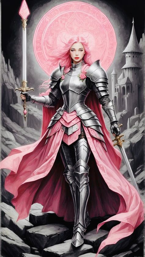 Paladin Armor Female, Woman In Armor Art, Female Armor Design, Female Armor Dress, Female Warrior Character Design, Amazon Armor, Lady Armor, Armor Dnd, Pink Armor