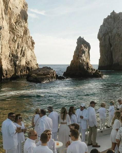 Yacht Wedding Aesthetic, Boat Wedding Party, Destination Wedding Welcome Party Ideas, Cabo Engagement Photos, Beach Wedding Welcome Party, Acre Cabo Wedding, Boat Party Aesthetic, Wedding Welcome Party Ideas, All White Yacht Party