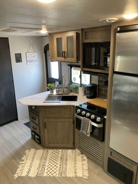 Travel Trailer Kitchen, Travel Trailer Bunkhouse Ideas, Western Travel Trailer Decor, Rv Kitchen Decor, Travel Trailer Upgrades, Trailer Kitchen, Small Travel Trailer Remodel, Bunkhouse Camper, Rv Kitchen Remodel