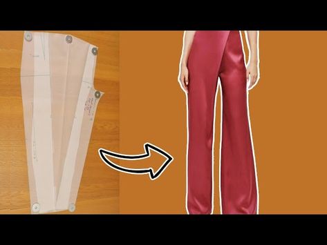 DIY Wide leg pants with asymmetric front pleat. Wide Leg Pants Diy, Luxury Pleated Bottoms With Asymmetrical Hem, Diy High Waisted Pants, Asymmetric Trousers, Elegant Asymmetrical Pleated Bottoms, Pleated Trousers Pattern, Fitted Asymmetrical Avant-garde Bottoms, Pleated Pants Pattern, Asymmetric Pants