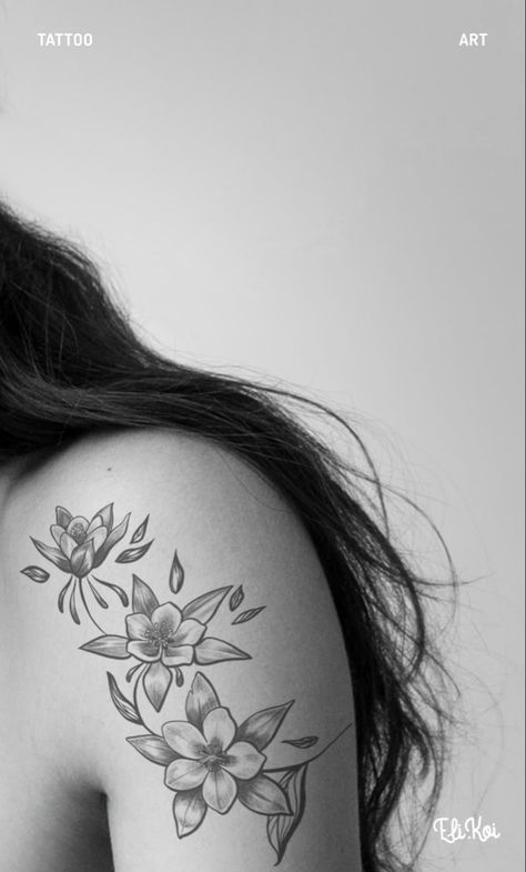 Colorful Flower Shoulder Tattoo, Flower Bouquet With Hummingbird Tattoo, Cabbage Rose Tattoo, Orchid Shoulder Tattoos For Women, Orchid Shoulder Cap Tattoo, Columbine Flower Tattoo, Columbine Tattoo, Colorful Floral Shoulder Cap Tattoo, Columbine Flower