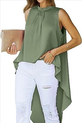 💃Mock Neck High Low Asymmetrical Sleeveless Loose Flowy Blouses Shirts💃💃 Simple White Blouse, Pinterest Wardrobe, Sewing Collars, Womens Tops Dressy, Flowy Blouse, Flowy Tops, Dressy Casual, Sewing Ideas, Mock Neck