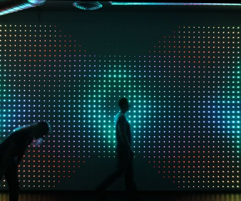 Make an Interactive IPad Controlled LED Wall: Show me the youtube video of the wall in action!Everyone wants to make giant LED displays to show their cool, geometric LED waves, or fuzzy pink Elvis art. However, in order to address a massive wall of LEDs, you have to figure out how to turn you... Led Panel Wall, Led Display Wall, Led Wall Design, Interactive Lighting, Elvis Art, Led Art, Digital Media Design, Led Matrix, Led Video Wall