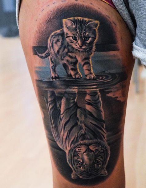 Martin Sjöberg cat with tiger reflection tattoo Reflection Tattoo, Tiger Tattoo Sleeve, Best Leg Tattoos, Tier Tattoo, Lion Tattoo Sleeves, Leopard Tattoos, Lion Head Tattoos, Tiger Tattoo Design, Elbow Tattoos