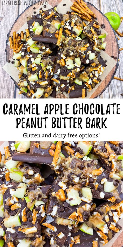 Caramel Apple Chocolate Peanut Butter Bark with a chocolate peanut butter base topped with green apples, pretzels, caramel sauce, mini chocolate chips and flaky sea salt. Healthy Dessert Recipes Fruit, Meal Prep Snacks Healthy, Dairy Free Caramel, Date Caramel Sauce, Apple Bark, Dairy Free Breakfast Casserole, Dairy Free Dessert Easy, Peanut Butter Bark, Apple Chocolate