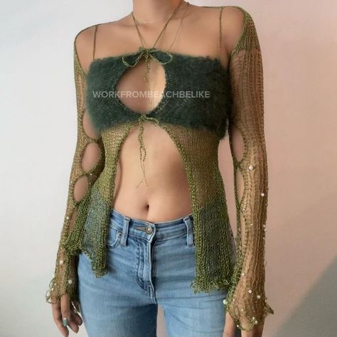 Work From Beach be like on Instagram: "( Re-stock ) Sleeves halter top - Dark Green 💚 Bust size : 31-33 inches [SOLD] Sleeves halter top - Pistachio 🥑 Bust size : 31-32.5 inches [SOLD]" Knit Top Summer, Beaded Sleeves, Crochet Fairy, Cool Girl Style, Dark Green Color, Crochet Clothing And Accessories, Crochet Halter, Crochet Fashion Patterns, Crochet Halter Tops