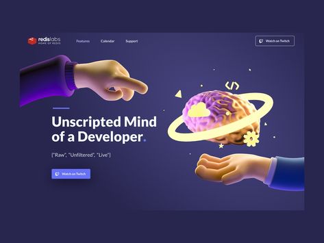 RedisLabs 3D Website Hero by Muwa 3d Website Design Layout, 3d Design Website, Hero Image Web Design, Hero Section Web Design, 3d Website Design, Website Hero Section, Teamwork Illustration, Recruitment Website Design, 3d Ui Design