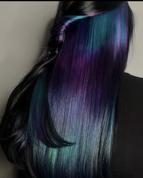 Dark Brown With Peekaboo Color, Blue Purple And Red Hair, Peacock Colored Hair, Blue And Teal Hair Ombre, Peekaboo Teal Hair, Brunette With Colorful Highlights, Dark Brown Hair With Colorful Highlights, Black Hair Purple Peekaboo, Purple And Blue Hair Highlights Peekaboo Color