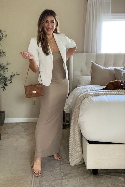 Beige Maxi Dress With Cardigan, Fitted Cream Maxi Dress For Brunch, Fitted Cream Maxi Dress For Night Out, Cream Fitted Maxi Dress For Night Out, Chic Beige Bodycon Maxi Dress, Maxi Dress With Blazer, Maxi Dress Blazer, Dress Blazer Outfit, Dress And Blazer Outfit