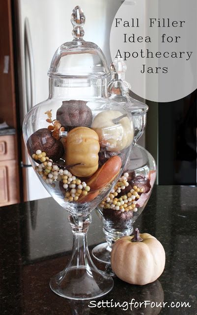 Fall Filler Ideas for Apothecary Jars from Setting for Four Fall Apothecary Jars, Apothecary Jar Decor, Jar Filler Ideas, Country Thanksgiving Decorations, Apothecary Jar Ideas, Vase Filler Ideas, October Decor, Jar Fillers, Vignette Styling