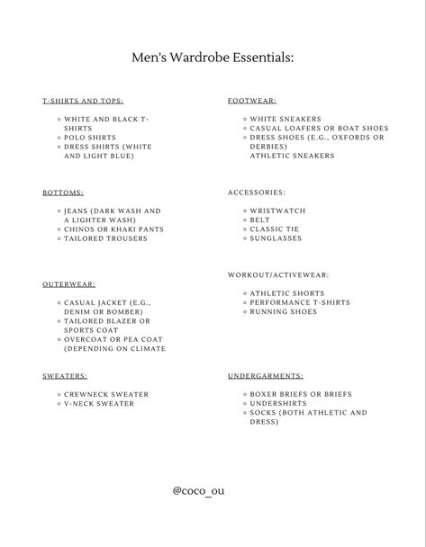 Explore the essential pieces that form the foundation of a versatile and chic wardrobe. From classic staples to modern essentials, this checklist helps you curate a timeless and elegant style. Elevate your fashion game with these key wardrobe elements. #wardrobeessentialsformen #fashioninspirations #styletip Future Wardrobe Men, Men Fashion Essentials, Mens Clothing Essentials, Man Wardrobe Essentials, Building A Wardrobe Men, Must Have Mens Wardrobe, Men Fall Capsule Wardrobe, Mens Basics Wardrobe, Men Essentials Wardrobe