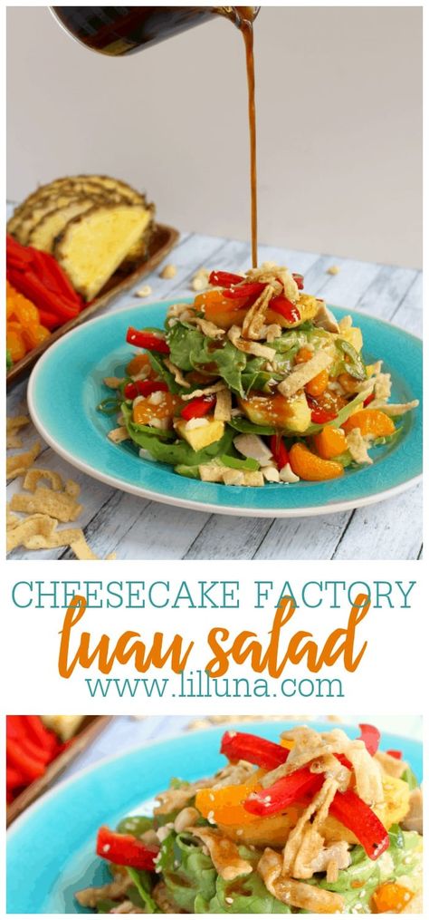 Loaded with sweet, tropical flavors, this delicious Luau Salad is BETTER than it's Cheesecake Factory double! #Betterthancheesecakefactoryluausalad #luausalad #cheesecakefactory #saladrecipe #salads Luau Salad Cheesecake Factory, Hawaiian Green Salad, Copycat Suddenly Salad, Luau Salad, Cheesecake Factory Salads, Hawaii Bbq, Luau Recipes, Hawaiian Salad, Asian Salads