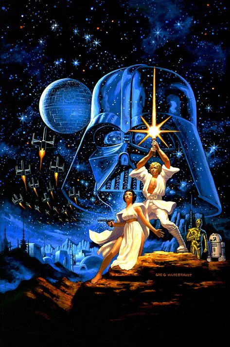 Greg Hildebrandt's 2018 re-creation of his and his brother's 1977 "Star Wars" painting will be on view in October at New York Comic Con before going up for auction in November. Star Wars Canvas Art, Image Joker, November Wallpaper, Star Wars Painting, Star Wars Background, Paintings Ideas, Star Wars 1977, Image Film, Star Wars Tattoo