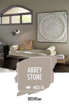 For a warm neutral wall color that brings a touch of coziness to your home, turn to BEHR® Paint in Abbey Stone. This hue is a modern shade of greige. Pair it with similar neutral colors, wood furniture, and pops of orange and yellow accent colors. Click below for full color details to learn more. Behr Neutral Paint, Behr Neutral Paint Colors, Neutral Wall Color, Neutral Wall Colors, Decoration Mirror, Color Of The Month, Behr Paint Colors, Ideas Videos, Neutral Paint Colors