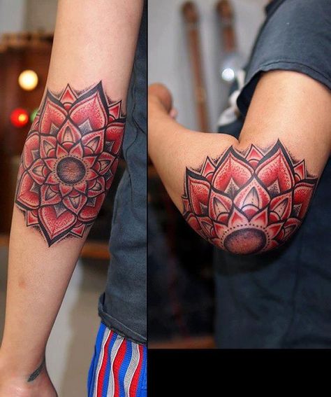 Black And Red Mandala Tattoo | Women Tattoo Ideas Tatuaje Trash Polka, Elbow Tattoos, Inspiration Tattoos, Back Of Shoulder Tattoo, Knee Tattoo, Lotus Tattoo, Tattoo Life, Mandala Tattoo, Skin Art