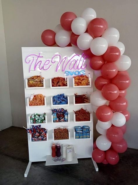 Self Serve Candy Station, Treat Cart For Party, Snack Wall Ideas, Diy Candy Stand Display Ideas, Snack Wall Party, Snack Bar Business Ideas, Party Vendor Ideas, Diy Candy Wall Dispenser, Snack Stand Ideas