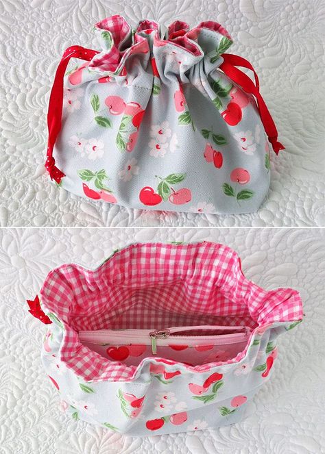 Christmas Gift Bags To Sew, Zipper Pouch Pattern, Shopping Bag Pattern, Drawstring Bag Tutorials, Diy Pouch, Drawstring Bag Pattern, Small Drawstring Bag, Diy Bag Designs, Bag Pattern Free