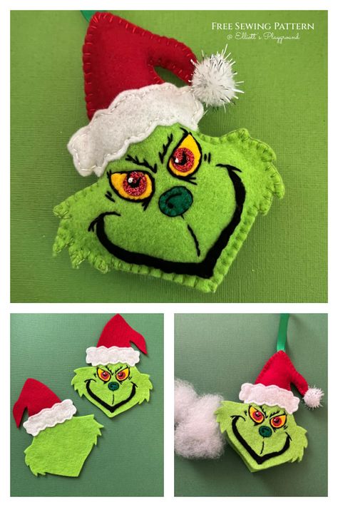 Felt Grinch, Felt Patterns Free, Easy Sewing Projects For Kids, Grinch Ideas, Sew Toys, Fabric Art Diy, Grinch Ornament, Felt Ornaments Diy, Stuffed Animal Pattern