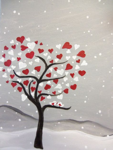 It would be fun to let kids choose what they want  to put as leaves - hearts, stars, circles, gem shapes, etc,,. Pinots Palette, Day Painting, Wine And Canvas, Valentines Art, Paint And Sip, Jackson Pollock, Night Painting, Painting Class, Paint Party