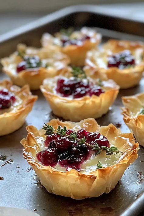 Appetizer With Phyllo Shells, Cranberry Phyllo Brie, Brie Filo Cups, Baked Brie Phyllo Cups, Cranberry Phyllo Cups, Holiday Dishes Christmas Appetizers, Pastry Wrapped Cranberry Baked Brie, Cranberry Brie Phyllo Cups, Brie Bites Phyllo Cups