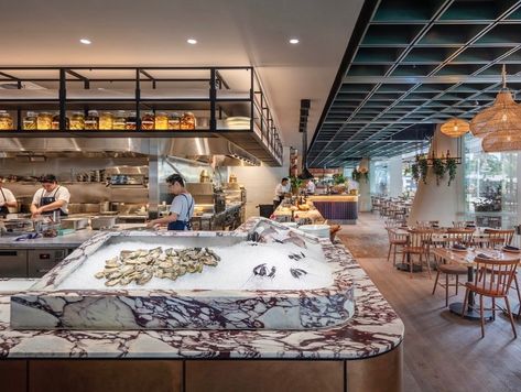 Fish Restaurant Design, Seafood Display, Fish Bar, Seafood Bar, Miami Mansion, Calacatta Viola Marble, Paul Kelly, Viola Marble, Calacatta Viola