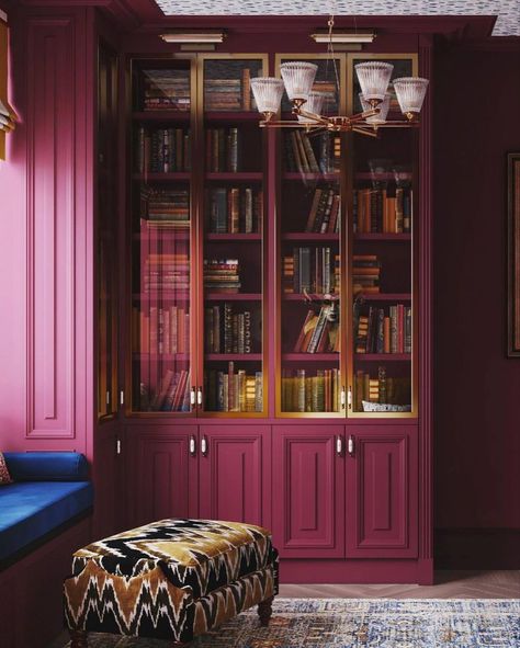 Purple Library, Pink Library, Red Bookcase, Bookshelf Inspiration, Dark Living Rooms, Colorful Interior Design, Living Room Redo, Colonial Style Homes, Scandi Home