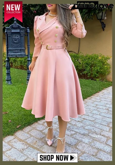 Elegant Women's Turndown Collar Carrer A-line Dress with Belt Ladies Dress Suits Classy, Church Dresses For Women Classy Chic, Midi Dress Classy, Tassels Fashion Clothing, Dresses For Women Classy, Dress For Church, Dresses For Church, Church Dresses For Women, Simple Style Outfits