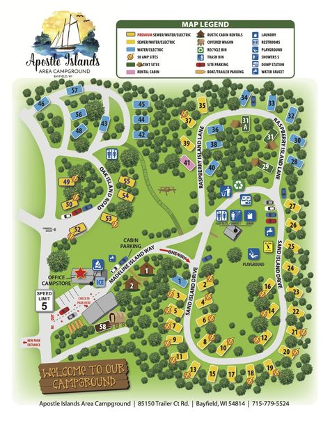 Campground Map | Apostle Islands Area Campground and RV Park Campground Map Design, Campground Design Ideas, Camping Area Design, Camping Area Design Plan, Camp Grounds Ideas, Campground Playground, Business Park Design, Suburbia Overture, Rv Park Design Plans