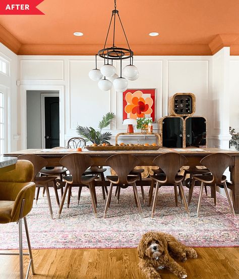 Modern Eclectic Dining Room, Orange Dining Room, Old French Doors, Eclectic Dining Room, Dining Ideas, Best Dinner, Living Room Redo, White Dining Room, Traditional Chandelier