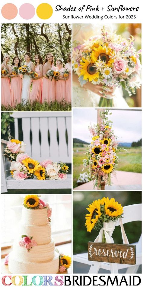 Shades of pink and sunflowers for sunflower wedding colors 20255, peach bridesmaid dresses, white bridal gown, sunflowers and shades of pink flowers of bouquets, ceremony arch and wedding venue décor, white wedding cake with sunflowers and shades of pink flowers décor. #weddingcolors #weddingideas #sunflowerweddings #colsbm #2025 #bridesmaiddresses #pinkweddings #peachweddings #pinkandsunflowers Pink And Sunflower Wedding, Sunflower Wedding Colors, Wedding Cake With Sunflowers, Pink And Sunflower, Cake With Sunflowers, Shades Of Pink Flowers, Sunflower Wedding Cake, Bridesmaid Dresses White, Sunflower Wedding Decorations