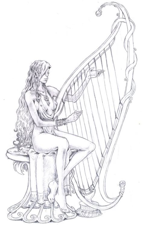 Angel Playing Harp, Playing Harp Pose Reference Drawing, Angel Playing Harp Tattoo, Harp Drawing, Secret Tattoo, Diy Coloring Books, Isadora Duncan, Filigree Tattoo, Person Drawing