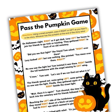 🎃 Bring the fun and laughter of Halloween to your next gathering with our Pass the Pumpkin Game Printable! Perfect for parties, family gatherings, or classroom activities, this engaging game will create unforgettable memories and plenty of giggles. **Features - **Instant Download Get your game immediately after purchase! Print at home or at your local print shop for convenience. **Why You'll Love It This Pass the Pumpkin Game is designed to bring friends and family together, encouraging laughte Pass The Pumpkin Game Free Printable, Pass The Pumpkin Game, Left Right Halloween Story Game, Halloween Left Right Game, Halloween Pass The Gift Game, Halloween Games For Party, Pass The Pumpkin, Halloween Children’s Games, Pumpkin Parfait