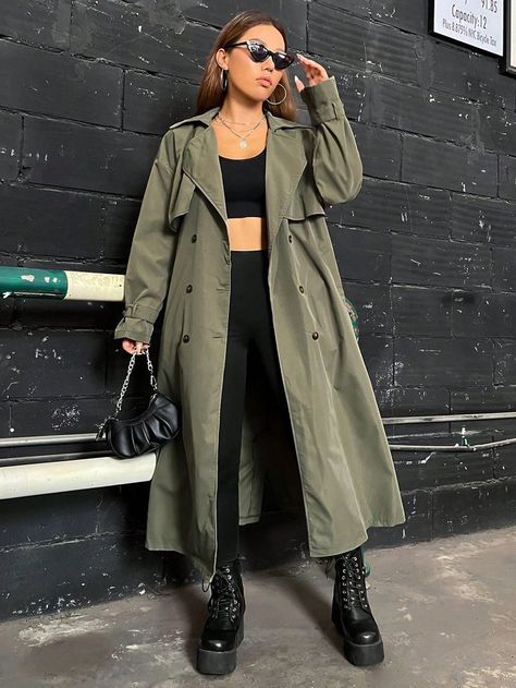 Trench Coat In Winter, Long Green Jacket Outfit, Long Green Trench Coat Outfit, Green Long Jacket Outfit, Army Green Trench Coat Outfit, Army Green Coat Outfit, Waterproof Trench Coat Woman, Womens Trench Coat Outfit, Olive Green Coat Outfit