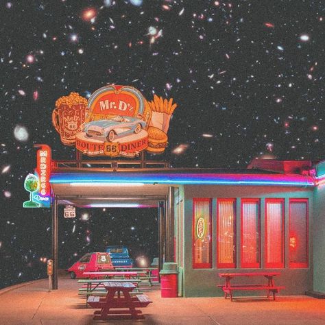 Retro Futurism Aesthetic, Diner Aesthetic, Trippy Aesthetic, Moon Artwork, Retro Diner, Surreal Collage, Aesthetic Space, Cyberpunk Aesthetic, Collage Artwork