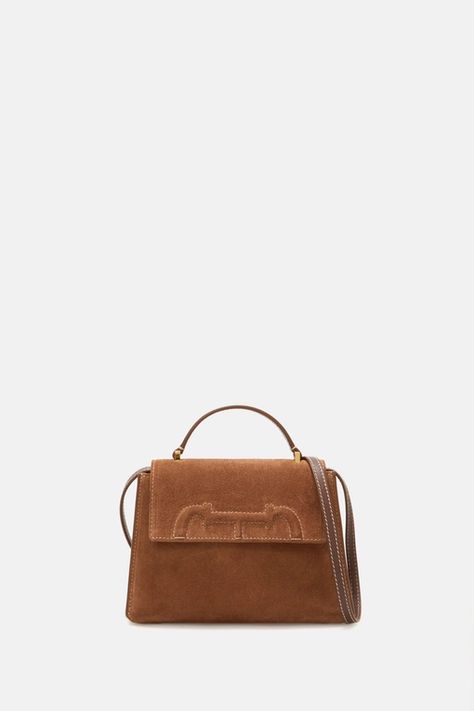 Tiny Doma Insignia Satchel | Mini handbag brown - CH Carolina Herrera Greece Carolina Herrera Bags, Embossed Seal, Flare Shirt, Kathryn Newton, Ch Carolina Herrera, Suede Bag, Mini Cross, 35th Anniversary, Mini Handbag