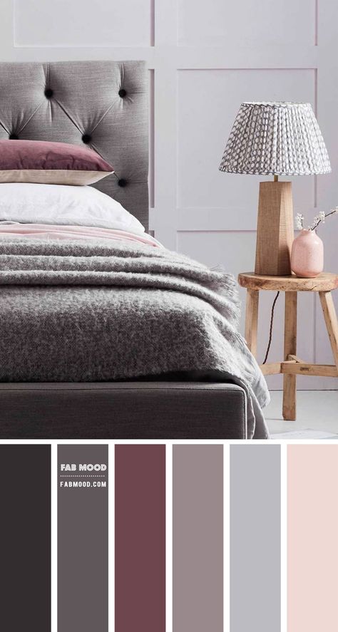 his is a dream bedroom. Grey is a deeply versatile, effortlessly stylish colour for a comfort, dreamy, cosy bedroom and easily style with other colors. We love this... Plum And Grey Bedroom, Plum Bedroom, Grey Bedroom Design, Bedroom Paint Colors Master, Beautiful Bedroom Colors, Best Bedroom Colors, Grey Bed Frame, Bedroom Color Combination, Bedroom Colour