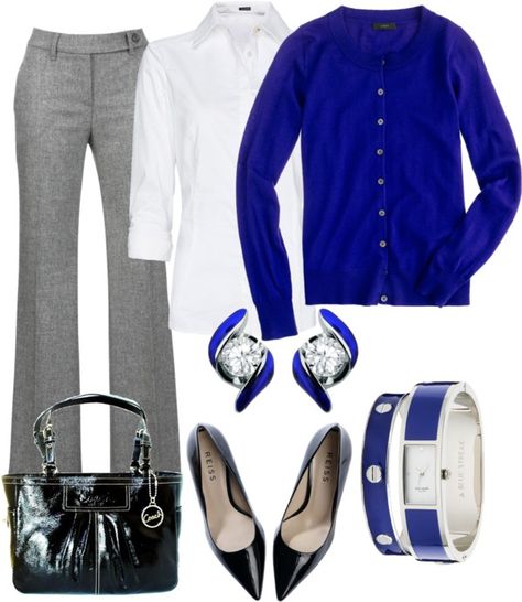 "School Days #4" by vintagesparkles78 ❤ liked on Polyvore Outfits With Blue Cardigans, Cobalt Blue Cardigan Outfit, Gray Dress Pants Outfit, Cardigan Outfit Work, Blue Cardigan Outfit, Grey Pants Outfit, Cardigan Outfit, Gray Pants, Cardigan Outfits