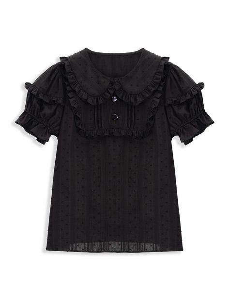 Elevate your Lolita wardrobe with this essential cotton blouse, designed to complement any Lolita dress effortlessly. Featuring a delicate round flat collar adorned with intricate lace trims, this blouse exudes timeless elegance. The ruffled details add a touch of whimsy, while the half button closure ensures a perfect fit.  The short puff sleeves, complete with elastic cuffs, offer both comfort and style, making this blouse a versatile piece for any occasion. Crafted from high-quality cotton, i Goth Blouse, Indie Alternative Fashion, Vintage Tops With Ruffles And Peter Pan Collar, Cottagecore Tops With Peter Pan Collar And Ruffles, Black Fitted Top With Peter Pan Collar, Babydoll Dress Peter Pan Collar, Vintage Tops With Lace Trim And Peter Pan Collar, Black Chiffon Blouse, Blouse Designed