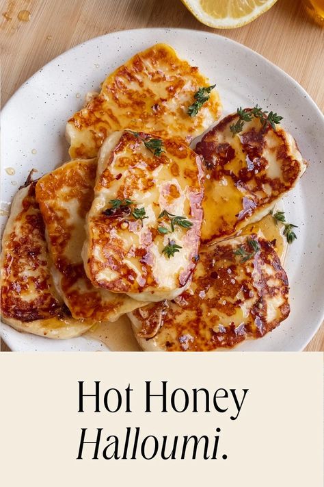 Hot Honey Halloumi | This Little Plate. Halloumi Cheese Appetizers, Haloumi Recipes Dinner, Hot Honey Recipes, Honey Halloumi, Halloumi Cheese Recipes, Halloumi Recipes, Honey Cheese, Baked Halloumi, Haloumi Recipes