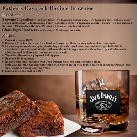 Treat your dad this fathers day with these delicious Jack Daniels Chocolate Brownies #fathersday #yum Jack Daniels Chocolate Cake Recipe, Jack Daniels Brownies, Jack Daniels Chocolate Cake, Jack Daniels Cake Recipe, Jack Daniels Desserts, Alcoholic Brownies, Jack Daniels Drinks Recipes, Desserts With Alcohol, Spiked Cupcakes