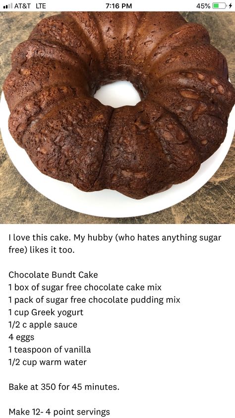 Sugar Free Chocolate Cake, Nothing Bundt, Sugar Free Baking, Nothing Bundt Cakes, Chocolate Bundt, Sugar Free Recipes Desserts, Weight Watchers Recipes Desserts, Sugar Free Cake, Ww Points