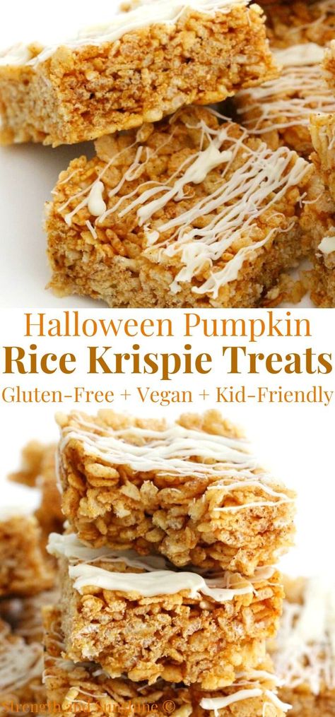 pumpkin rice krispies treats for halloween Vegan Pumpkin Rice Crispy Treats, Dairy Free Fall Treats, Vegan Gluten Free Halloween Treats, Gluten Free Dairy Free Halloween Recipes, Gf Halloween Treats, Halloween Gluten Free Recipes, Halloween Gluten Free Appetizers, Gluten Free Dairy Free Halloween Treats, Dairy Free Birthday Party Food