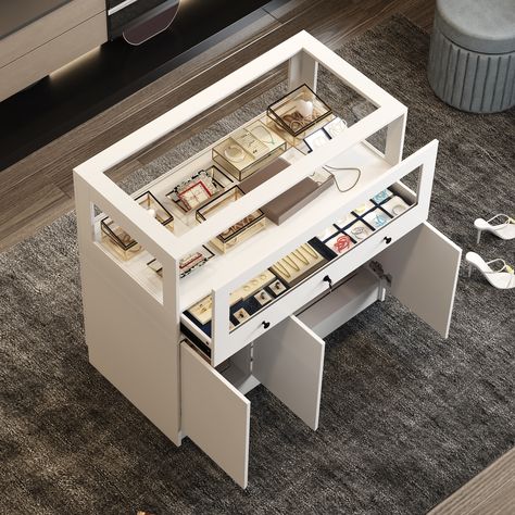 Jewelry and Display Cabinet with Glass Top and Secure Storage Dresser - Bed Bath & Beyond - 40826464 White Display Cabinet, Storage Dresser, Dresser Bed, Glass Dresser, Dresser Top, Bedroom Furniture Dresser, Glass Storage, Luxury Closet, Furniture Outlet Stores