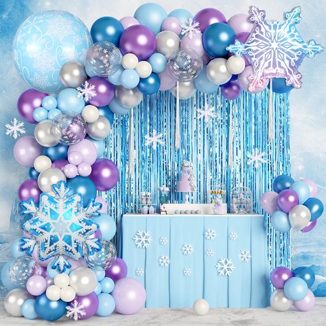 PRICES MAY VARY. Winter Frozeen Party Supplies: Our frozenn balloons arch garland kit contains 167pcs balloons and accessories, including 20pcs 12in pearly light blue/purple/metallic blue/purple balloons, 5pcs 12in snowflake balloons, 70pcs 10in pearly light blue/purple/white/metallic blue/purple/silver balloons, 50pcs 5in pearly light blue/purple/white balloons, together with 3pcs 22inch snowflake & snow-printed foil balloons, 10pcs snowflakes, blue fringe curtain, 4pcs silver pendants and seve Disney Frozen Balloon Garland, Blue Christmas Balloon Garland, Christmas Balloon Arch Winter Wonderland, Snowflake Balloon Garland, Light Blue Birthday Party Decorations, Frozen Themed Birthday Party Decoration, Winter Wonderland Balloon Arch, Winter Wonderland Balloons, Frozen Balloon Arch