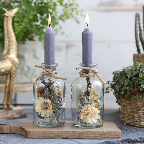 Plant In Glass, Dried Flowers Diy, Deco Champetre, Purple Candles, Glass Candlestick Holders, Deco Floral, Glass Candlesticks, Candle Holder Set, Flowers Diy